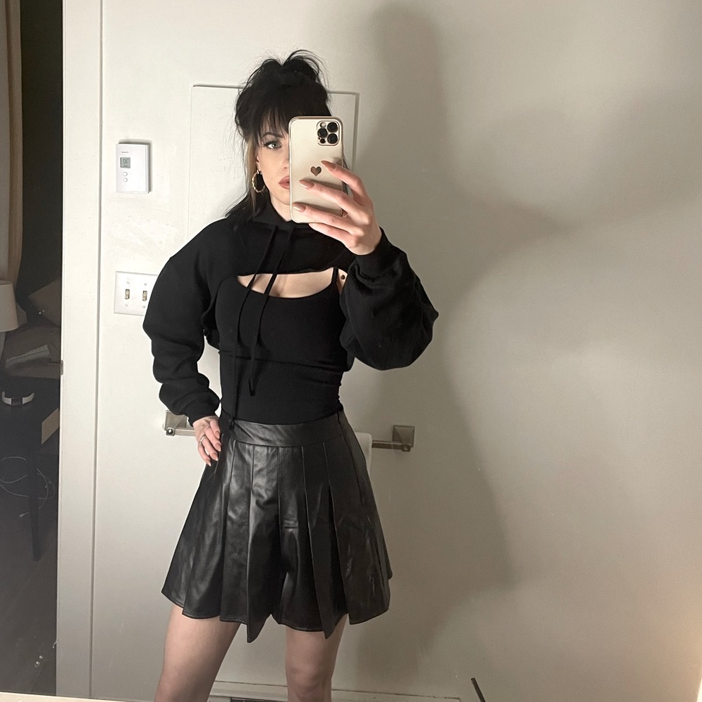 Black Faux Leather Pleated Skirt